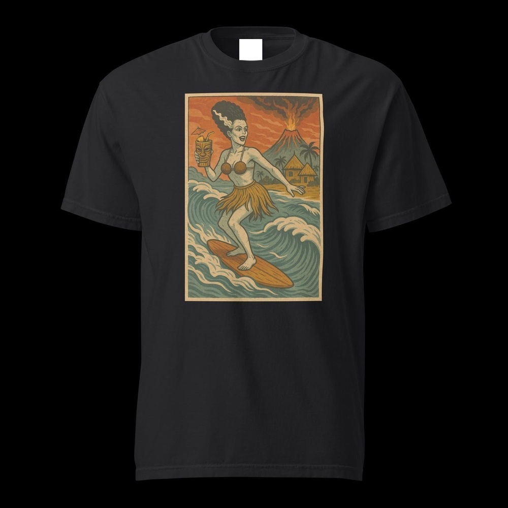 Surfing Tiki Bride Of Frankenstein Kaiju Style T-Shirt